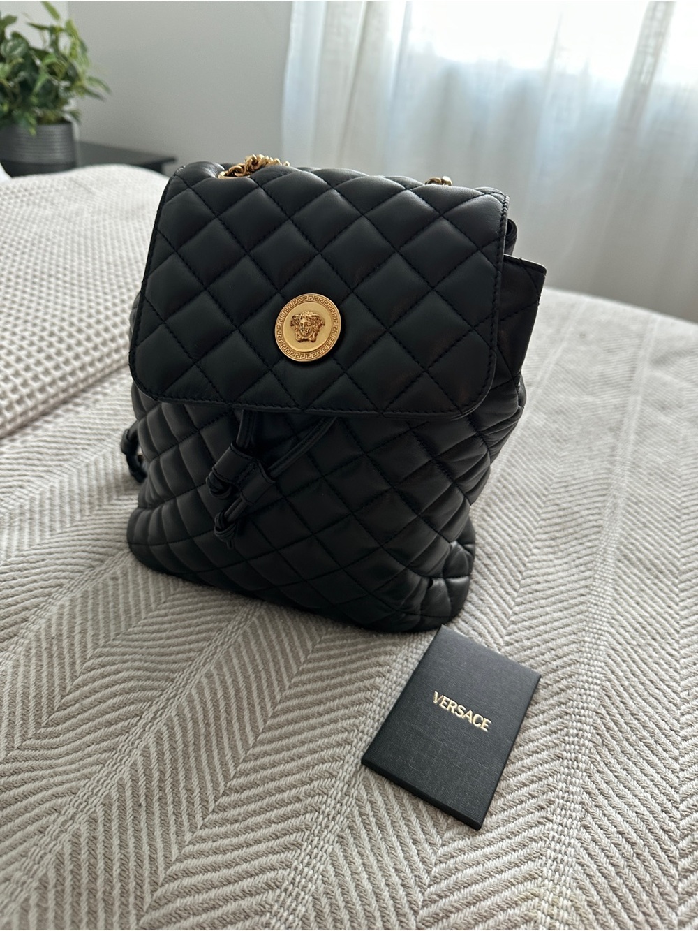 Versace Black Quilted Leather Backpack with Gold Medallion